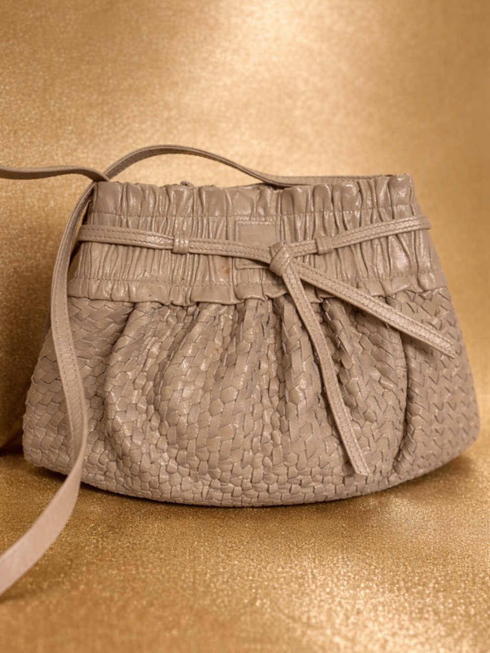 Authentic VTG Fendi Roma Woven Nappa Leather Bag Cream Ruched Zucca Lining Italy